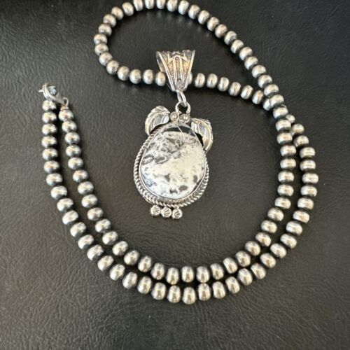 Navajo White Buffalo Turquoise Pendant Necklace | Sterling Silver | Authentic Native American Handmade | 17524