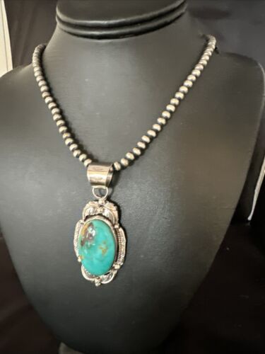 Navajo Pearls Necklace with Blue Turquoise Pendant | Sterling Silver | Authentic Native American Handmade | 14879