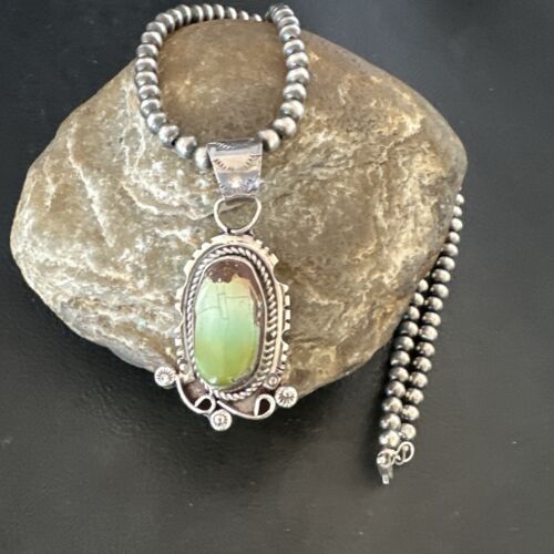 Navajo Royston Turquoise Pendant Necklace | Sterling Silver Pearls | Authentic Native American Handmade | 17060