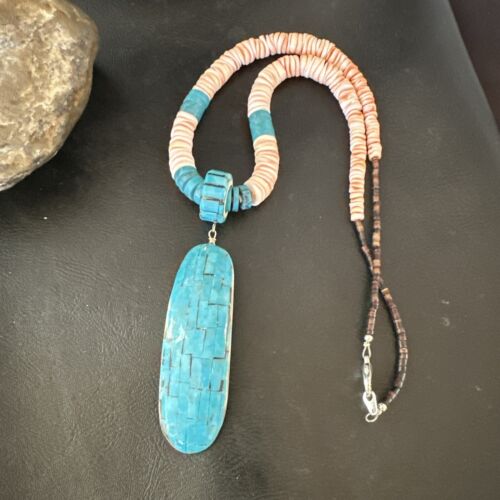 Santo Domingo Turquoise Spiny Oyster Inlay Pendant Necklace | Sterling Silver | 22" | 17437