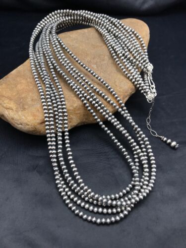 Navajo Pearls 5 Strand Bead Necklace | 4mm | Sterling Silver | 30" | Authentic Native American Handmade | 16782