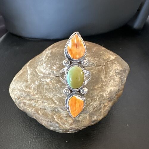 Navajo Green Turquoise Spiny Oyster Multi-Stone Ring | Authentic Native American Sterling Silver | Sz 10 | 16711