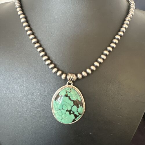 Men's Navajo Blue Spiderweb Turquoise Pendant Necklace | Sterling Silver | Native American Handmade | 16272