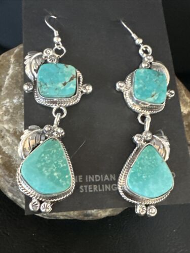 Navajo Blue Kingman Turquoise Dangle Earrings | Sterling Silver | Authentic Native American Handmade | 15185