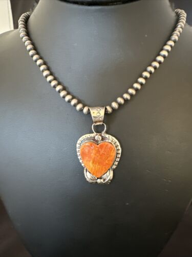 Navajo Orange Spiny Oyster Heart Pendant Necklace | Sterling Silver | Authentic Native American Handmade | 16414