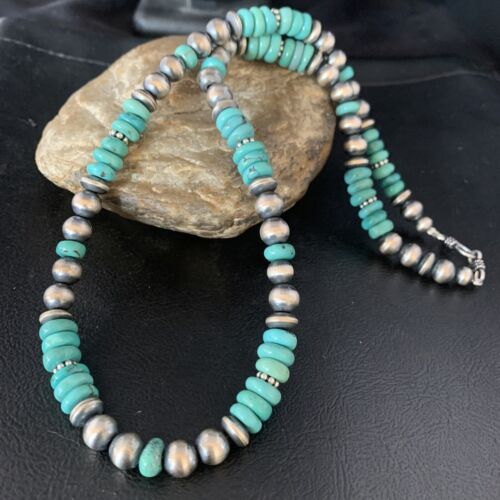 Navajo Pearls Blue Turquoise Necklace | Sterling Silver | Men's Women's | Authentic Native American Handmade | 20" | 13416