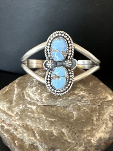 Navajo Blue Golden Hills Turquoise Cuff Bracelet | Sterling Silver | Authentic Native American Handmade | 16429