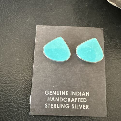 Navajo Blue Kingman Turquoise Post Stud Earrings | Sterling Silver | Authentic Native American Handmade | 17483