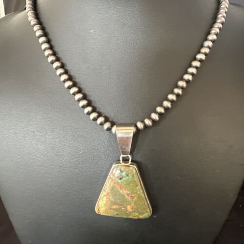 Navajo Green Turquoise Pendant Necklace | Sterling Silver | Authentic Native American Handmade | 15032