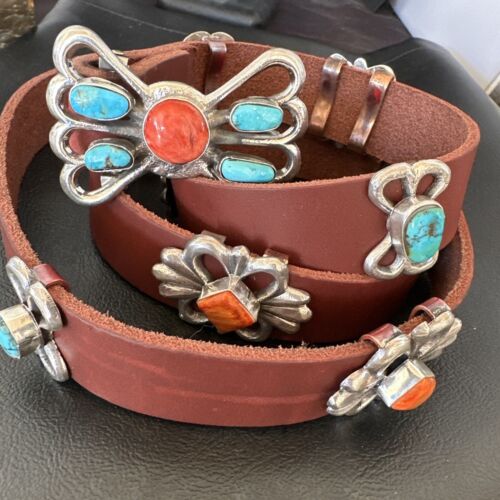 Men's Turquoise Spiny Oyster Concho Belt | Sterling Silver Navajo Tufa | Authentic Native American Handmade | 16680