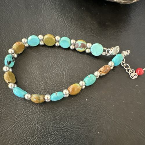 Women's Blue Turquoise Bead Bracelet | Southwestern Sterling Silver Link | 8" | 17232