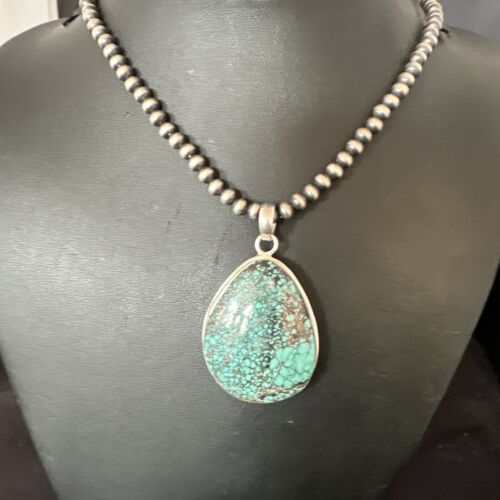 Men's Navajo Blue Spiderweb Turquoise Pendant Necklace | Sterling Silver | Authentic Native American Handmade | 16208