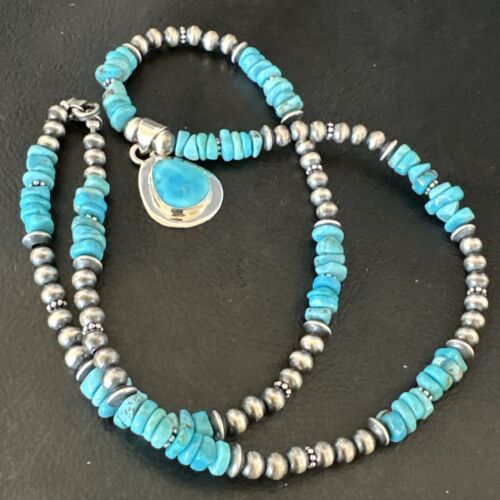 Navajo Men's Blue Kingman Turquoise Pendant Necklace | Sterling Silver | 21" | Authentic Native American Handmade | 17552