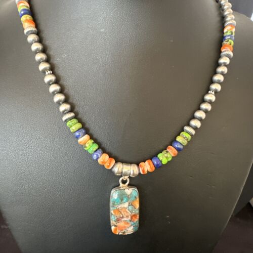 Navajo Spiny Oyster Turquoise Lapis Pendant Necklace | Sterling Silver | 21" | Authentic Native American Handmade | 16630