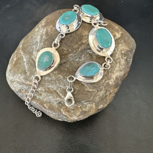 Navajo Blue Turquoise Link Bracelet | Sterling Silver | 9" | Authentic Native American Handmade | 17638