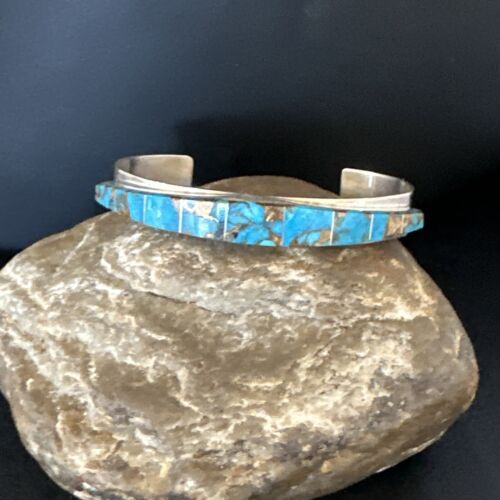 Navajo Men's Blue Mojave Turquoise Inlay Bracelet | Sterling Silver | Authentic Native American Handmade | 15065