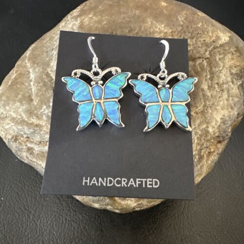 Butterfly Blue Opal Inlay Dangle Earrings | Sterling Silver | Authentic Native American Handmade | 16526