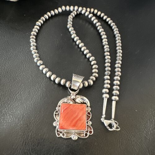 Navajo Red Spiny Oyster Pendant Necklace | Sterling Silver | Authentic Native American Handmade | 16143