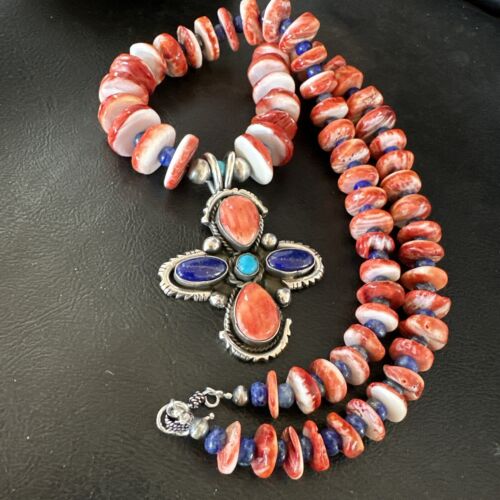 Navajo Red Spiny Oyster Lapis Pendant Necklace | Sterling Silver | Multi-Stone | 17668