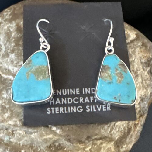 Navajo Blue Turquoise Dangle Earrings | Sterling Silver | Authentic Native American Handmade | 15438