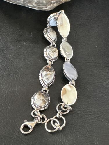 White Buffalo Turquoise 8-Stone Navajo Sterling Silver Link Bracelet 8" | Handmade | 16379