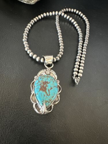 Navajo Blue Turquoise Pendant Necklace | Sterling Silver Pearls | Authentic Native American Handmade | 15640