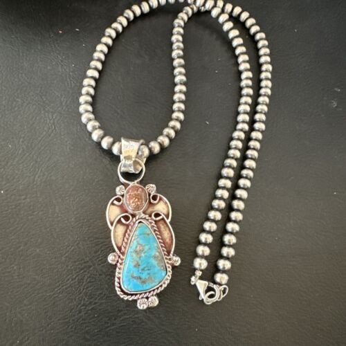 Navajo Blue Kingman Turquoise Wild Horse Pendant Necklace | Sterling Silver | Authentic Native American Handmade | 17224