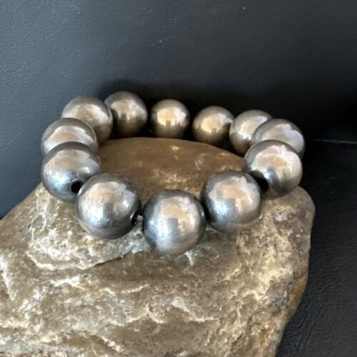Navajo Pearls Stretch Bracelet | 14mm Beads | Sterling Silver | 7" | Authentic Native American Handmade | 15818
