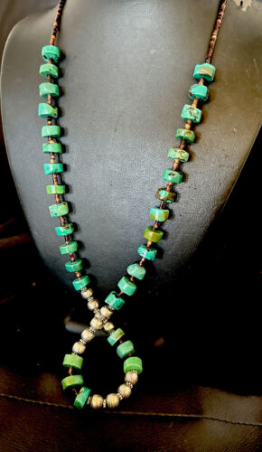 Navajo Blue Green Turquoise Heishi Bead Necklace | Sterling Silver | 24" | 16283