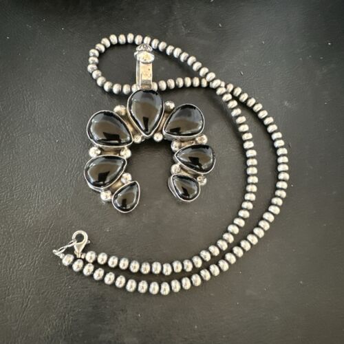 Men's Black Onyx Naja Pendant | Navajo Pearls Sterling Silver Necklace | Authentic Native American Handmade | 17070