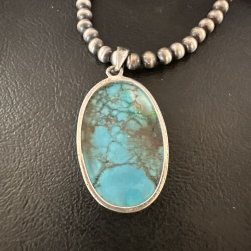 Navajo Blue Spiderweb Turquoise Pendant Necklace | Sterling Silver | Authentic Native American Handmade | 17027