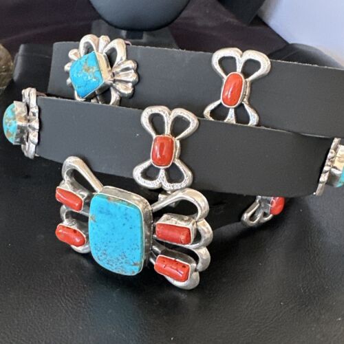 Men's Kingman Turquoise Coral Concho Belt | Sterling Silver | Navajo Tufa | 16681