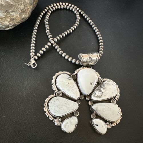 Navajo White Buffalo Turquoise Necklace Naja Pendant | Sterling Silver | Authentic Native American Handmade | 16805