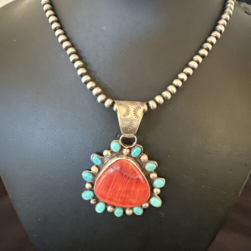 Navajo Blue Kingman Turquoise & Red Spiny Oyster Pendant | Sterling Silver | 17227