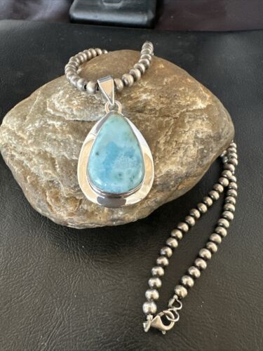 Navajo Blue Larimar Pendant Necklace | Sterling Silver Beads | Authentic Native American Handmade | 17602