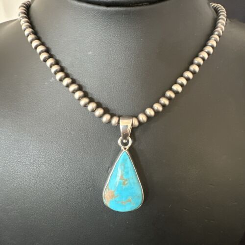 Navajo Blue Kingman Turquoise Pendant Necklace | Sterling Silver | 20" | Authentic Native American Handmade | 17011