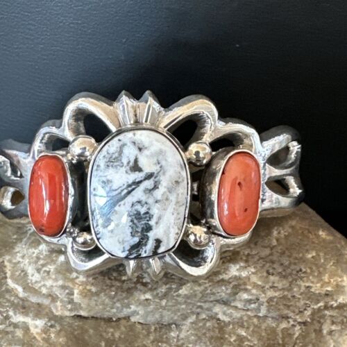 White Buffalo Turquoise Coral Navajo Tufa Cuff Bracelet | Sterling Silver | Authentic Native American Handmade | 16408