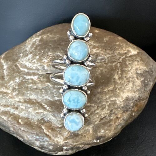 Navajo Blue Larimar Cluster Ring | Authentic Native American Sterling Silver | Multi-Stone | Sz 8 | 15932
