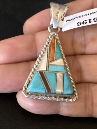 Navajo Blue Turquoise Spiny Mother of Pearl Inlay Pendant | Sterling Silver | Authentic Native American Handmade | 15195