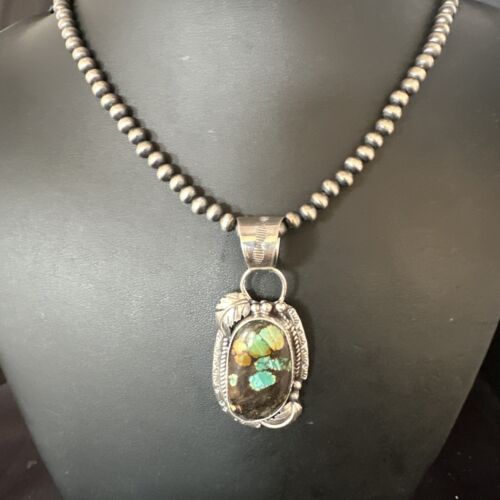 Navajo Blue Spiderweb Turquoise Pendant | Sterling Silver Necklace | 18" Pearls | 15093