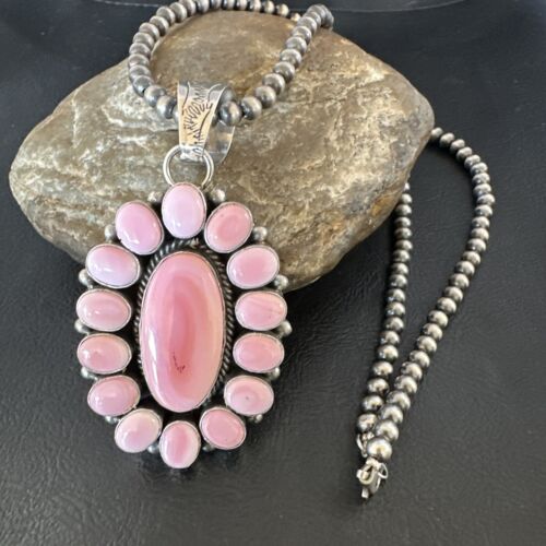 Navajo Pearls Pink Conch Necklace with Multi-Stone Cluster Pendant | Authentic Native American Handmade | 16063