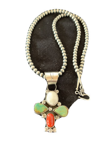 Navajo Turquoise & Coral Naja Pendant Necklace | Sterling Silver | Native American Handmade | 1477