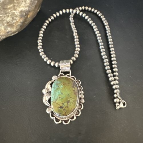 Navajo Green Turquoise Pendant Necklace | Sterling Silver | Authentic Native American Handmade | 15040