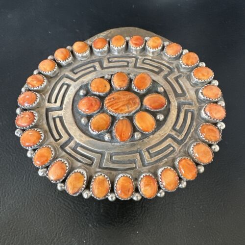 Navajo Orange Spiny Oyster Cluster Concho Belt Buckle | Sterling Silver | Authentic Native American Handmade | 16344