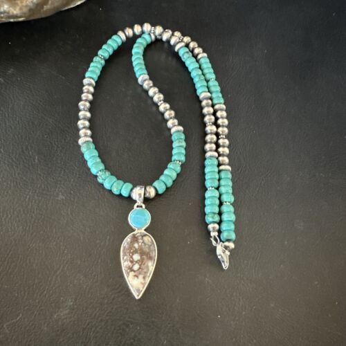 Navajo Wild Horse | Blue Kingman Turquoise Pendant Necklace | Sterling Silver | Native American Handmade | 17573