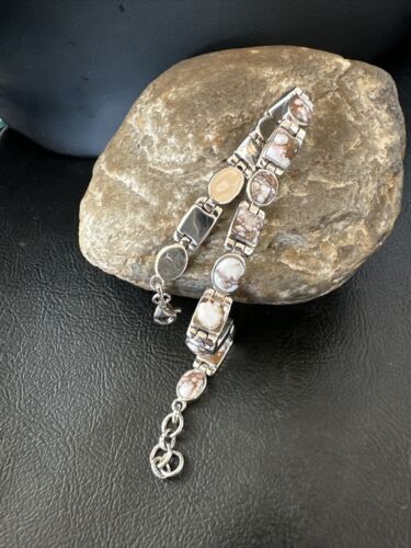 Women's Wild Horse Turquoise Navajo Link Bracelet | Sterling Silver | 8.5" | Authentic Native American Handmade | 16380