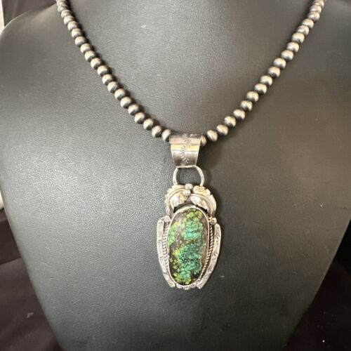 Navajo Blue Spiderweb Turquoise Pendant Necklace | Sterling Silver Pearls | Authentic Native American Handmade | 15094