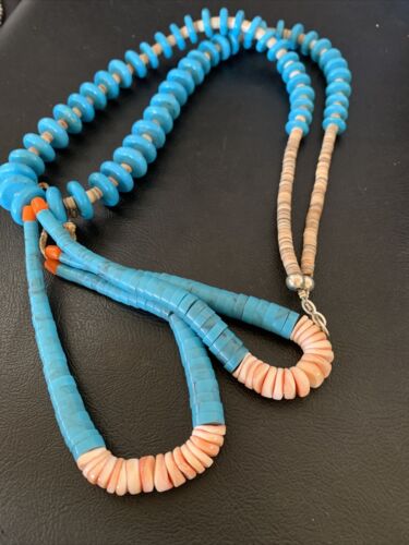 Santo Domingo Spiny Oyster Blue Turquoise Shell Jacla Necklace | 26" | Authentic Native American Handmade | 12514