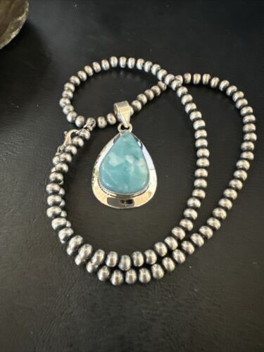 Navajo Blue Larimar Pendant Necklace | Sterling Silver Beads | Authentic Native American Handmade | 17569 - Masha USA