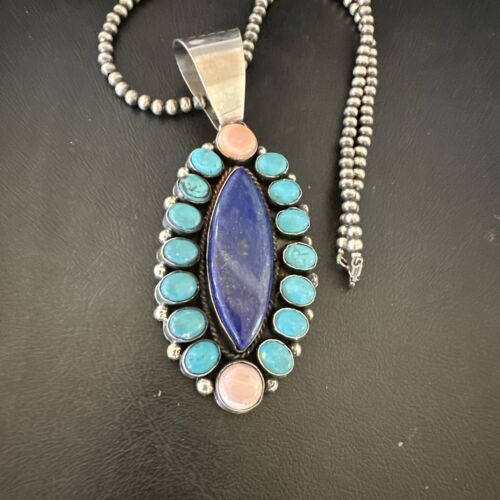 Navajo Multi-Stone Necklace | Lapis, Pink, Blue Turquoise | Sterling Silver | Authentic Native American Handmade | 17455